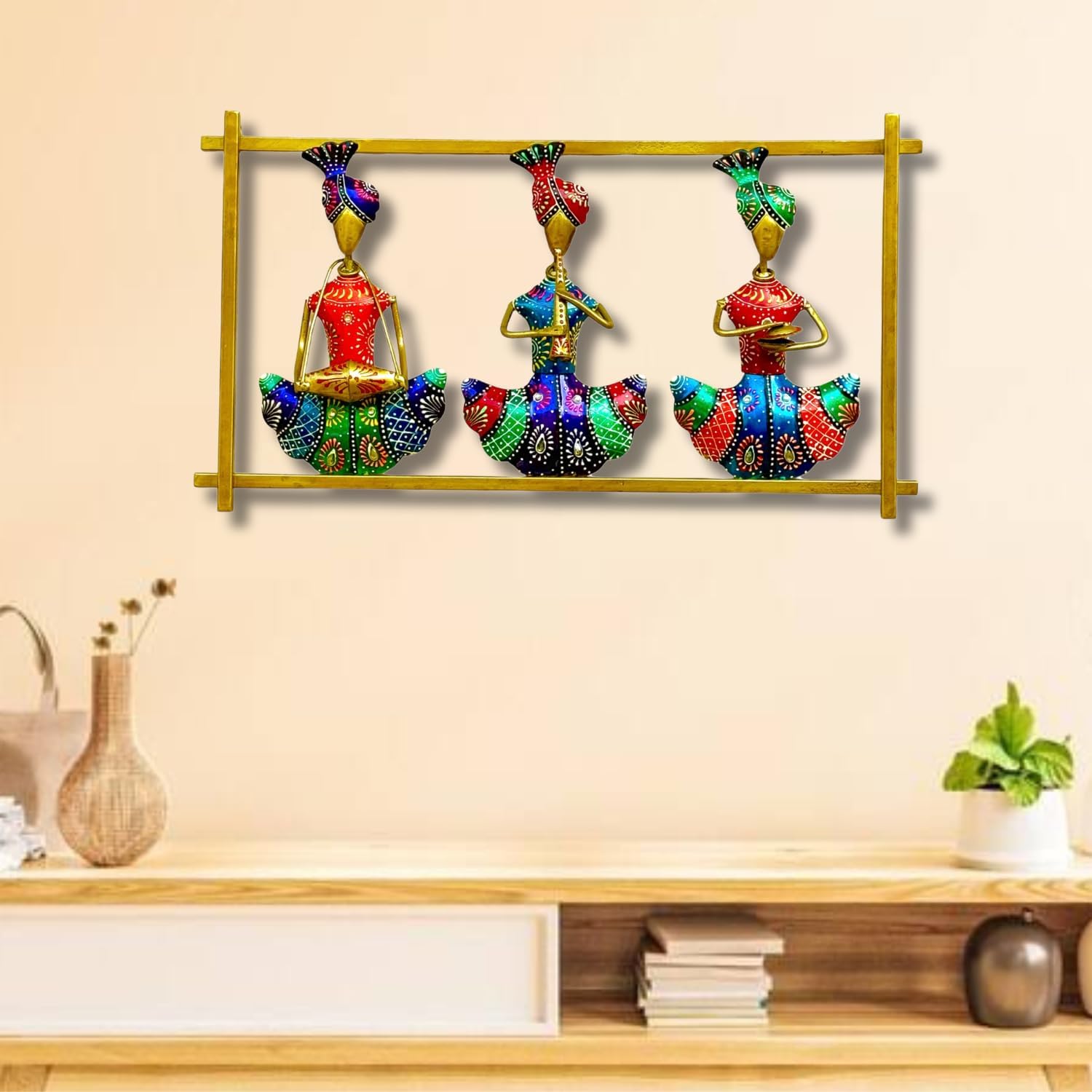 Rsn Aesthetic Metal 3 Rajasthani Musician Metal Frame Wall Dcor Entrance/Wall Hanging For Living Room, Wrought Iron Wall Art Dec